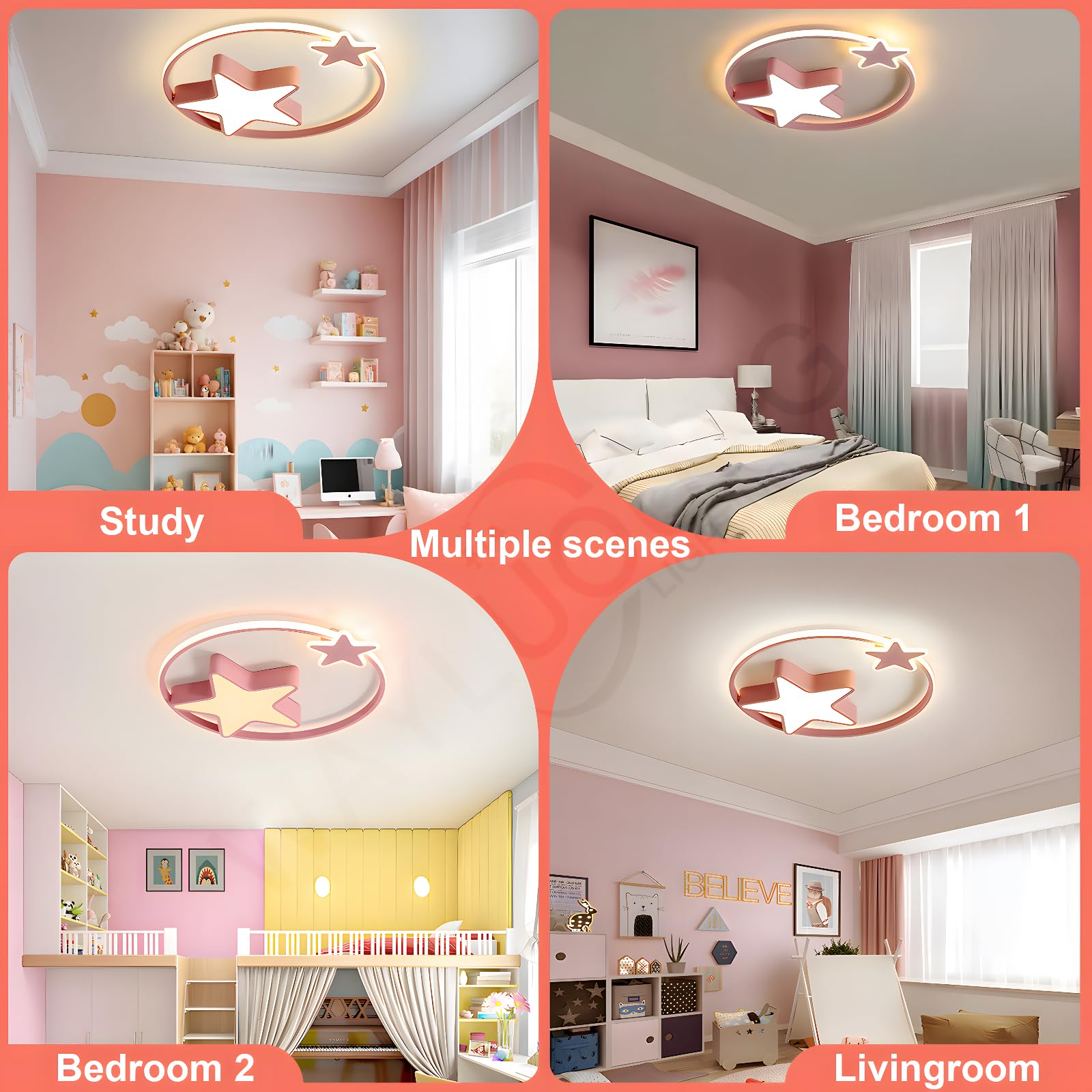 Luz De Techo LED Rosa | Lámpara Infantil Redonda Moderna | Star Starry Sky Niños Luz | Ø55cm 48W | Regulable Con Control Remoto 2700K-6500K | Habitación Infantil Niños Niñas De Techo Dormitorio