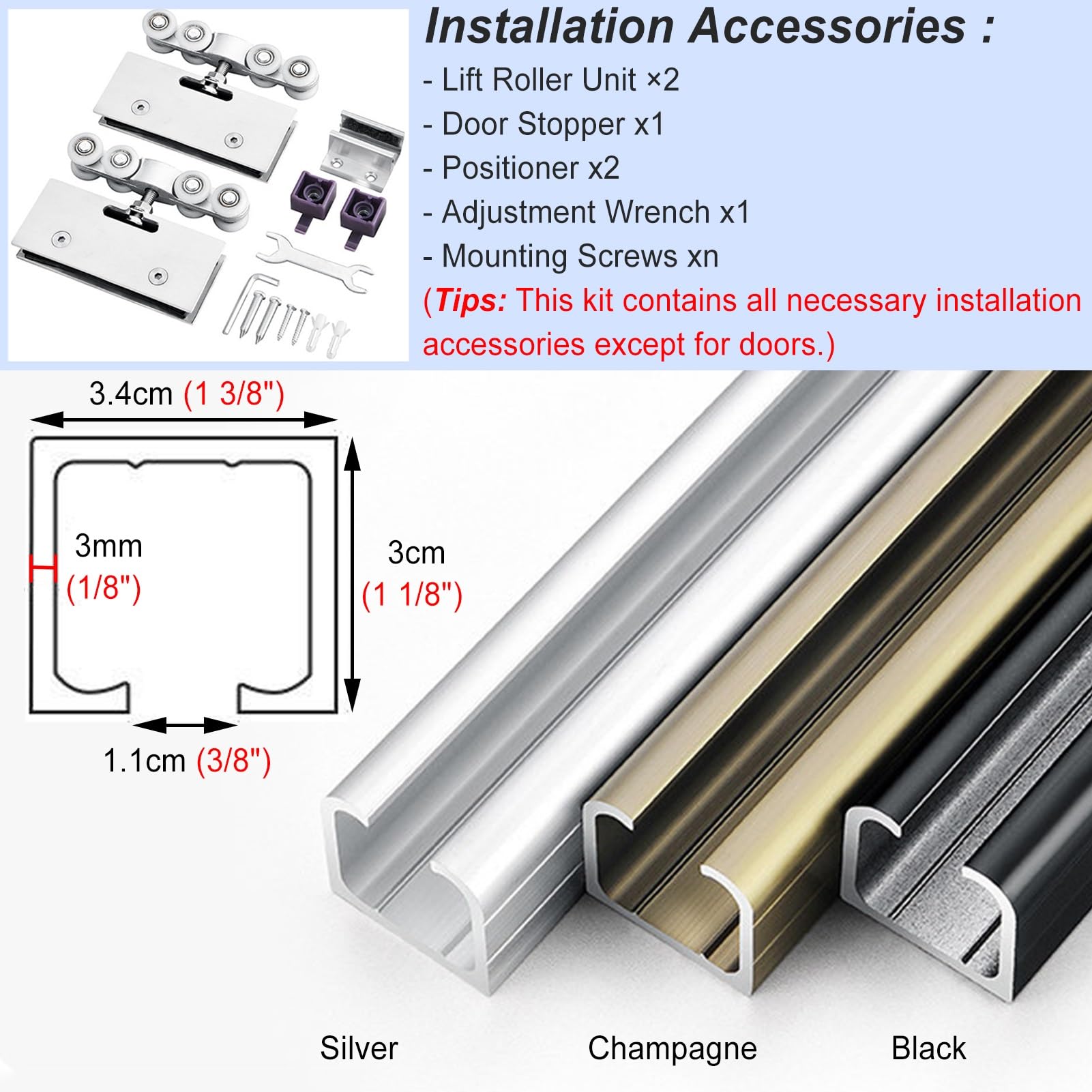 Kit Porta Scorrevole Kit Binario Scorrevole per Porta in Vetro Finitura Argento con 8 Rullini, Ferramenta per Porte a Scomparsa, Set con Binario Singolo in Alluminio per Bagno(1100mm (43.3"))