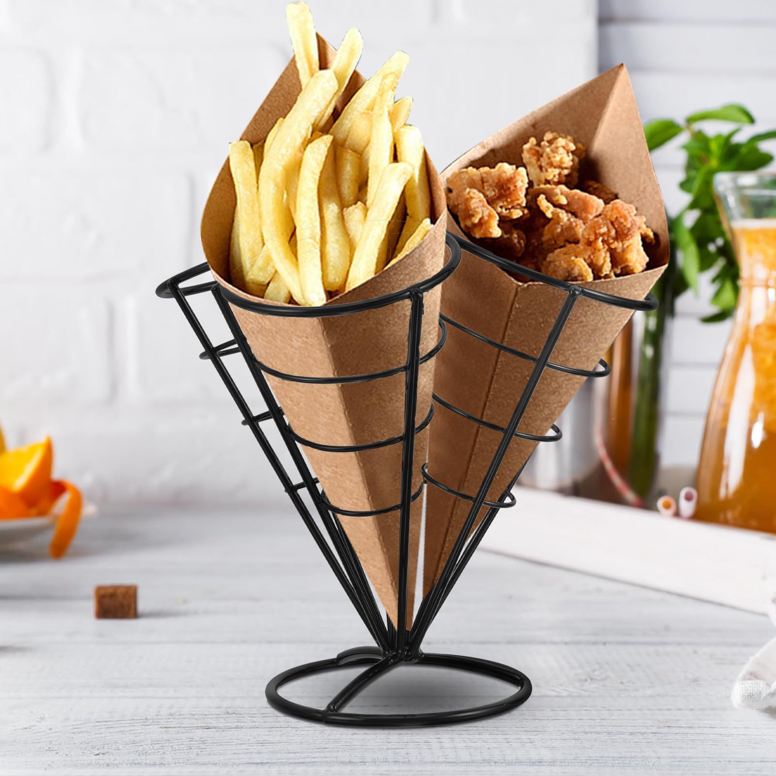 INOOMP Soporte para Papas Fritas de Acero Inoxidable, Cesta Negra Brillante 4 Orificios para Snacks y Aperitivos, Adecuado para Servir en Casa, Cafeterías y Fiestas, Porta Bocadillos