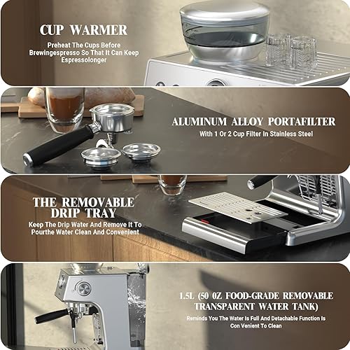 Miniatura 5 de Empstorm Máquina de café expreso con molinillo, cafetera espresso semiautomática de 20 bar con espumador de leche para uso comercial en barista en