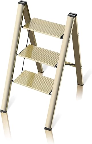 flygeneral Escalera de 3 escalones, taburete plegable de aluminio dorado, peldaños antideslizantes mejorados más anchos, escalera ligera portátil
