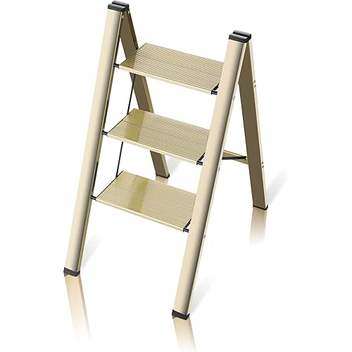 flygeneral 3 Step Ladder, Gold Aluminum Folding Ladder Stool, Wider Upgraded Non-Slip Treads, Portable Lightweight Ladder for Home and Kitchen, Holds up to 330 Lbs.
