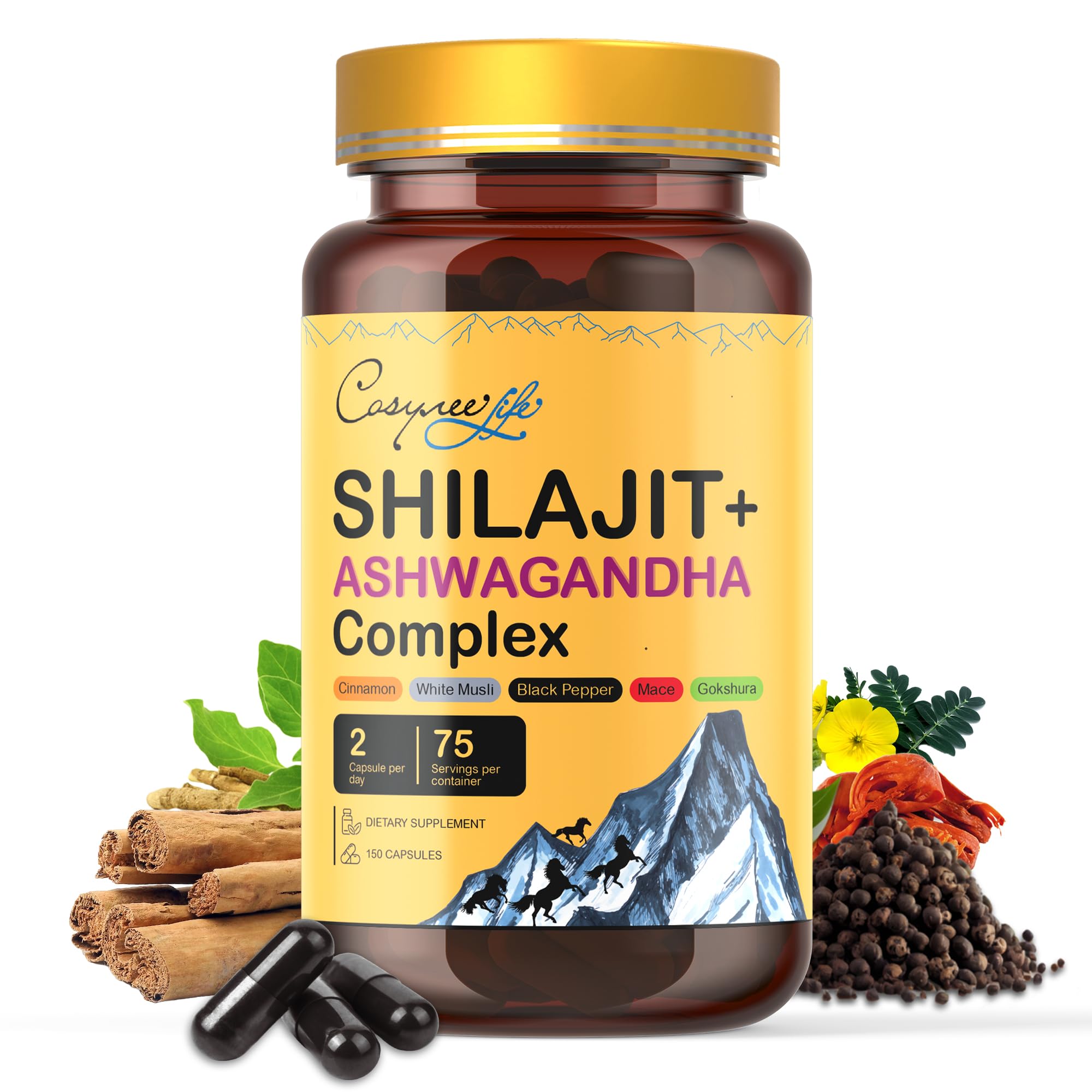 Himalayan Shilajit Capsules, Shilajit for Men & Women, Shilajit Capsules with Ashwagandha, White Musli & Gokshura, Herbal Shilajit Supplement with Black Pepper & Cinnamon,75 Days (150 Capsules).