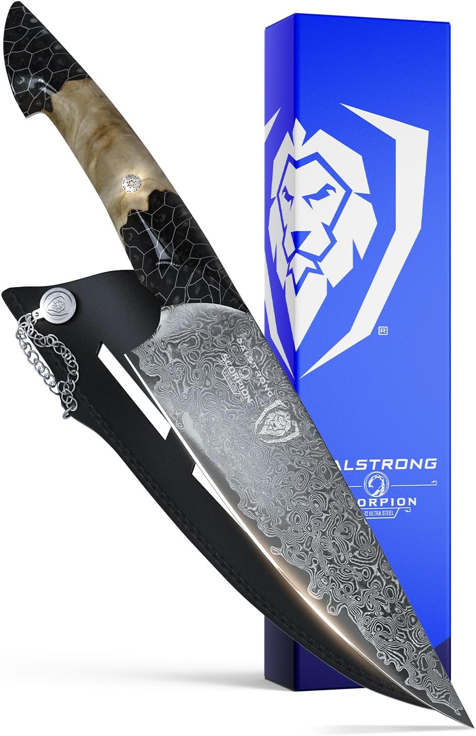 Dalstrong Chef Knife Professional- 8”-Scorpion Series - Venom Edition - Japanese Steel Chef Knife - Spiral Sandstorm Blade Pattern - Black Honeycomb Resin Handle - w/Chef Knife Leather Sheath