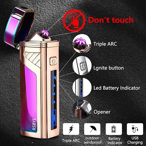Miniatura 3 de Encendedor eléctrico de triple arco a prueba de viento, encendedor de plasma sin llama, encendedor USB recargable, abridor 2 en 1 con indicador