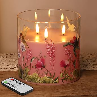Eywamage 3 Wick Flameless Candle with Remote, Pink Hummingbird Floral Glass LED Candle, Large Battery Pillar Candle 6" H 6"