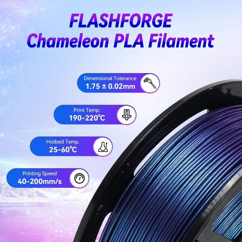 Infographic showing recommended print settings for FLASHFORGE Chameleon PLA filament: 1.75 +/- 0.02mm dimensional tolerance, 190-220°C print temp, 25-60°C hotbed temp, and 40-200mm/s printing speed.