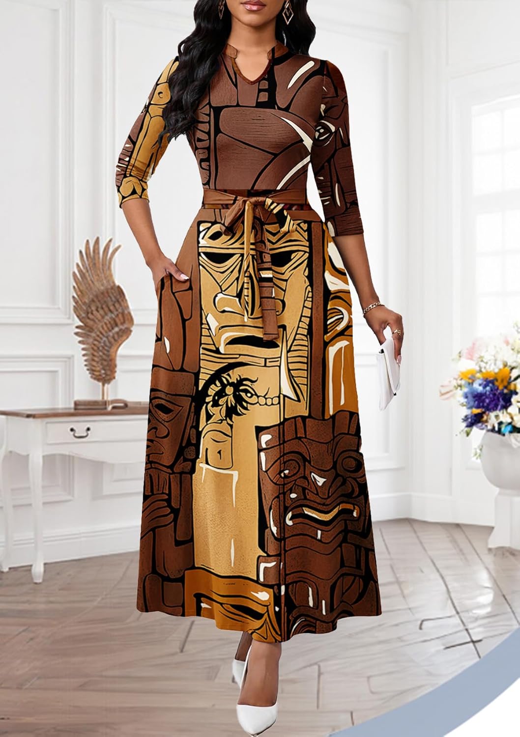 Maxi Dresses for Women Semi Formal Long Dress 3/4 Sleeve Casual A-line Church Dresses with Pockets - Image 3