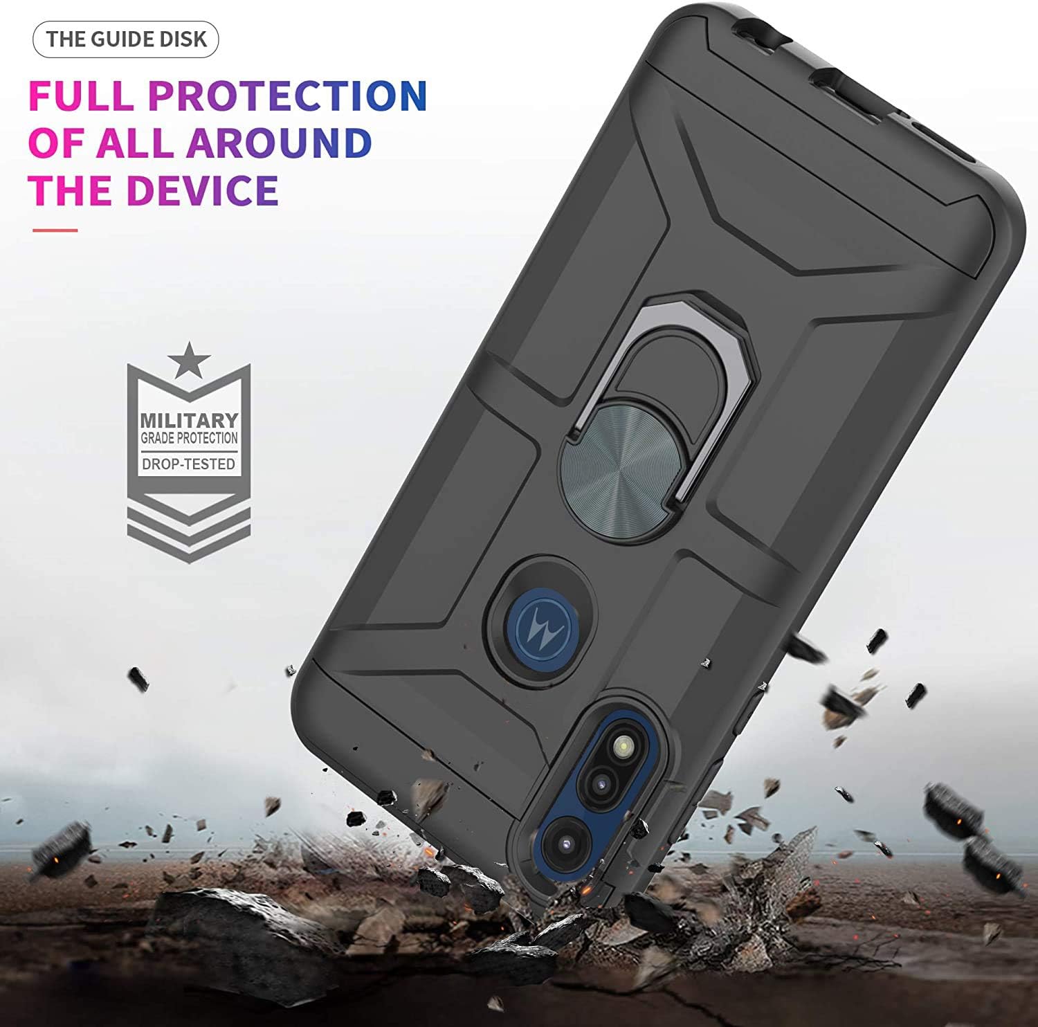 TJS Compatible with Motorola Moto E 2020 Case, with [Tempered Glass Screen Protector], Defender Metal Ring Magnetic Support Kickstand Heavy Duty Protector Cover Phone Case (Green)
