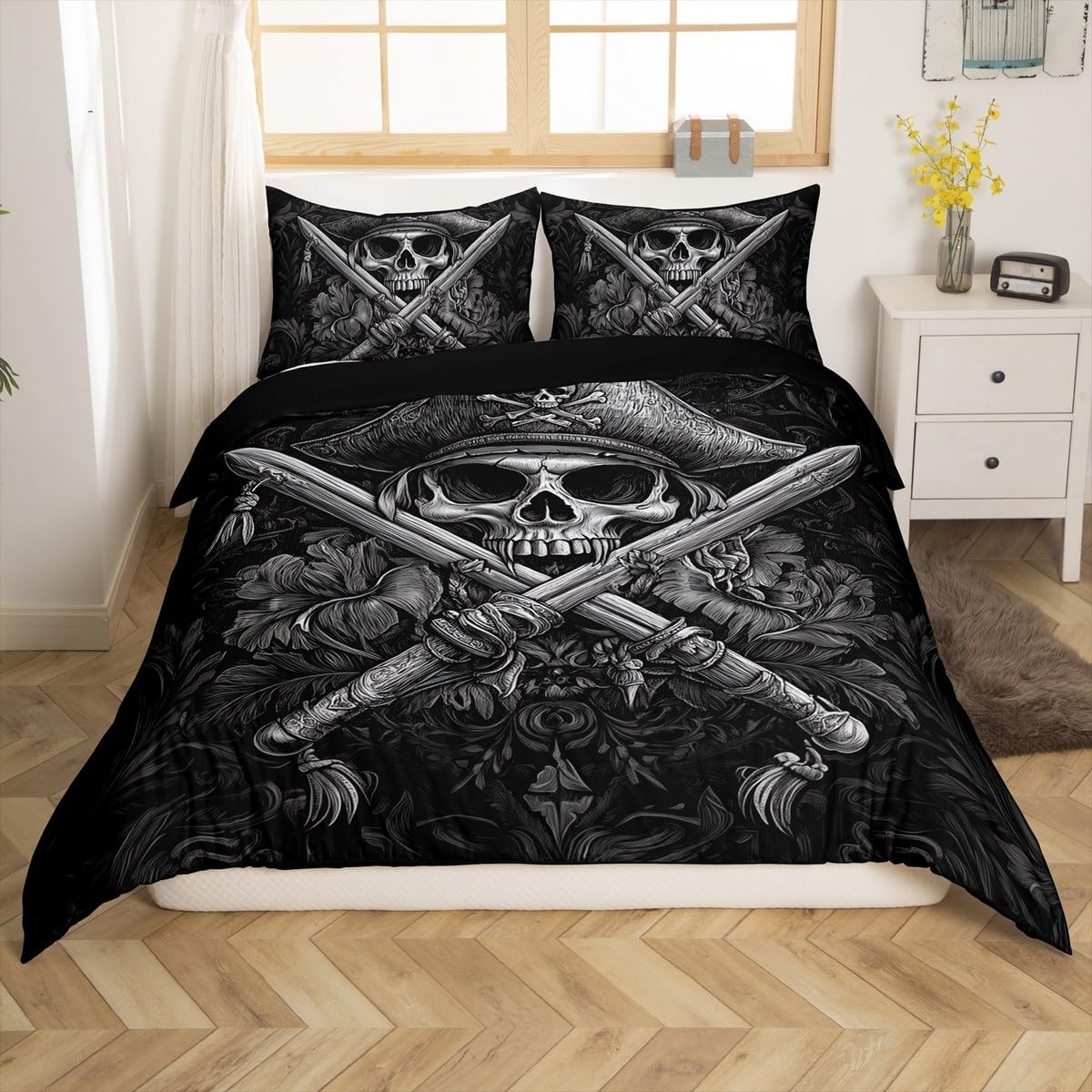Gothic Skull Duvet Cover Set King Size,Pirate Theme Skeleton Pattern Reversible Quilt Cover with 2 Pillowcases,Gray Leaves Plant Black Sketch Microfiber Comforter Cover (Not Comforter)