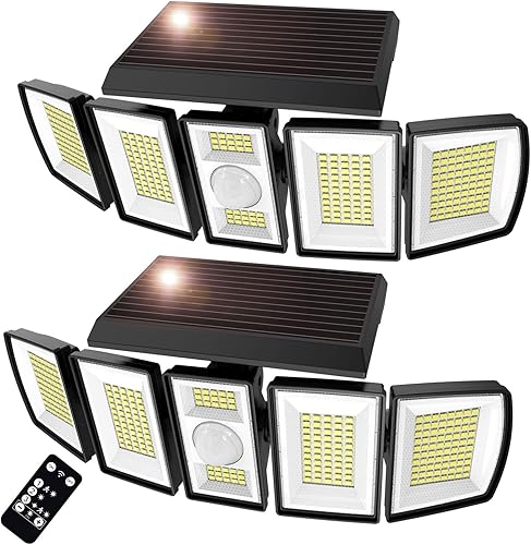 Luces solares para exteriores, 300 LED de 4000 lúmenes, sensor de movimiento, luces para exteriores con control remoto, 5 cabezales de luz de pared disponible en Yaxa Colombia