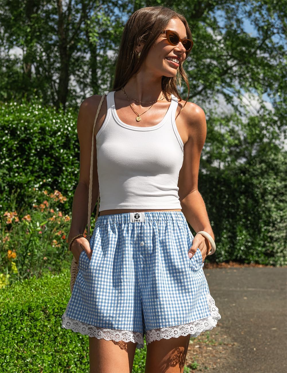 TARSE Gingham Shorts for Women Boxer Lace Trim Sleep Pajama Lounge Shorts Summer Casual Home Wear Bottoms - Image 3