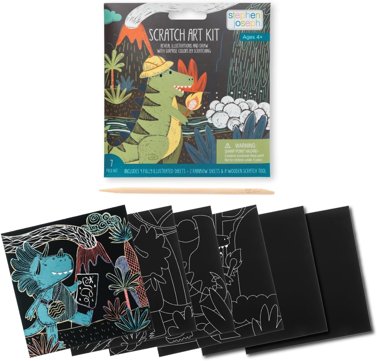 Stephen Joseph, Scratch Art Kit, 7 Piece Kit, Scratch Art for Girls and Boys, Ages 4+, Craft Art Kit, Dino