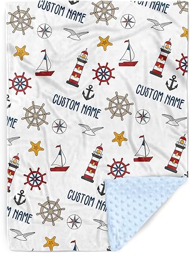 Mantas de bebé personalizadas para niños, manta de bebé con nombre personalizado con patrón de faro, manta de recepción suave para recién nacidos,