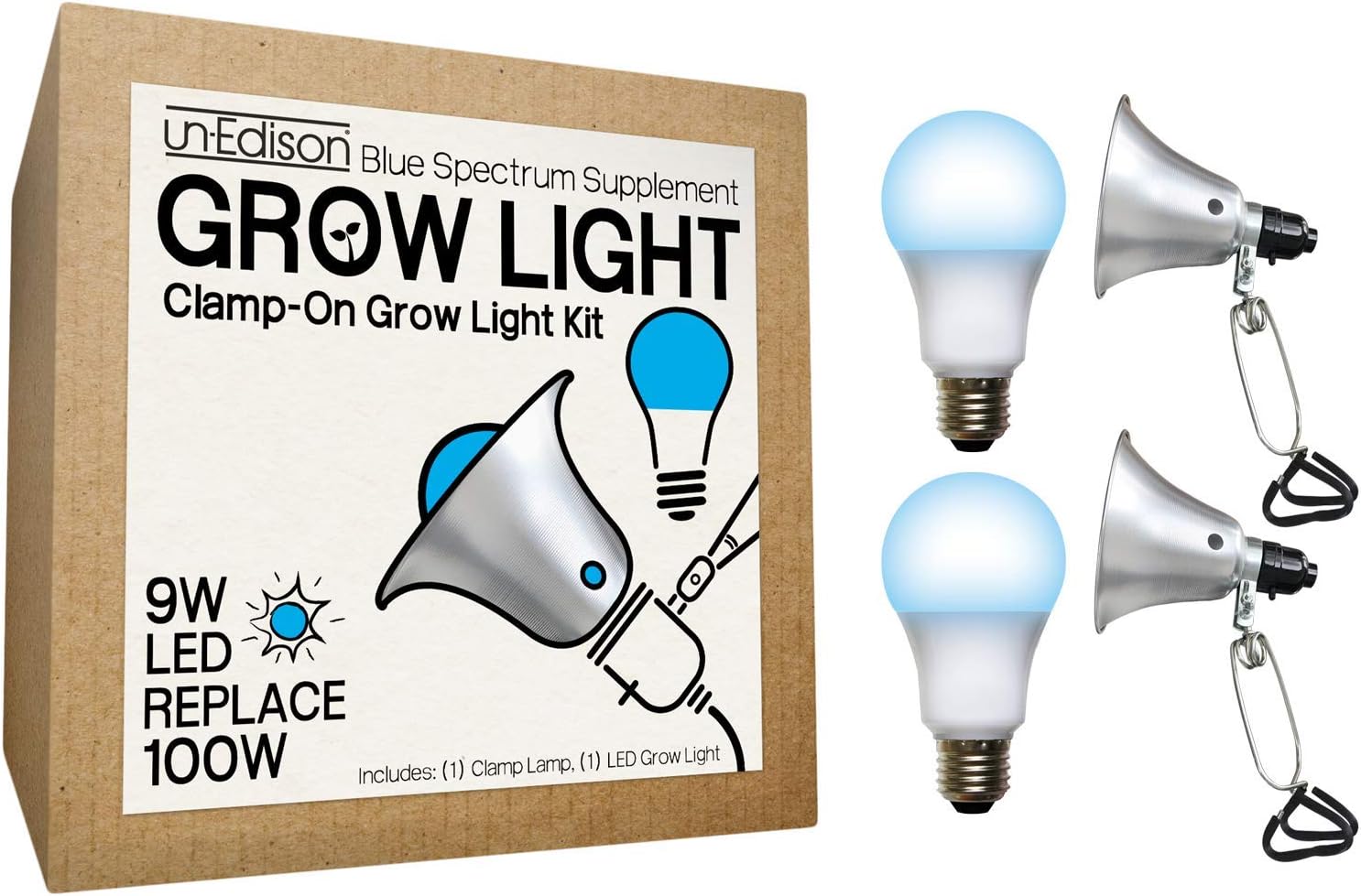 UnEdison ClampOn Grow Light Kit with A19 9W LED Blue Spectrum