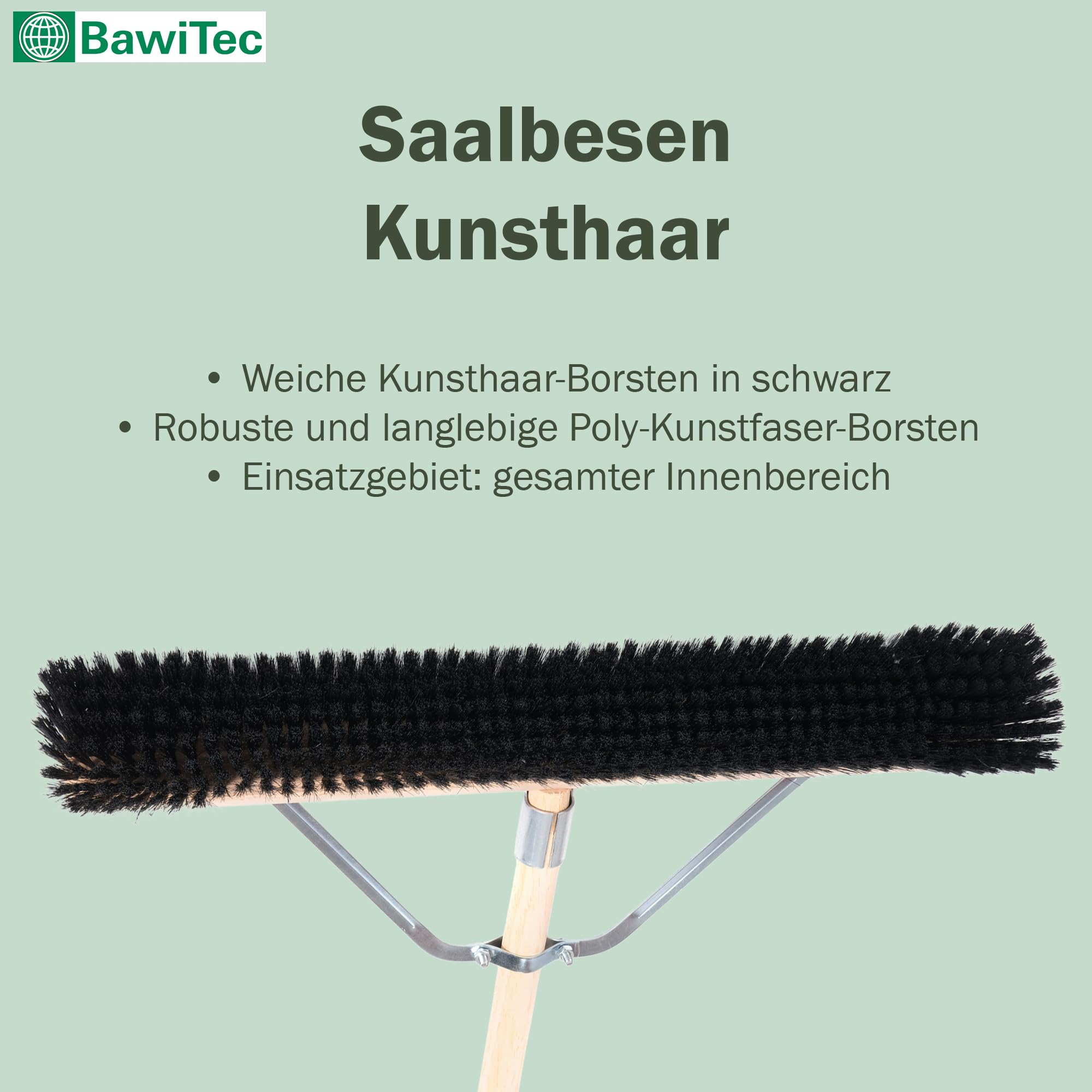 Profi Saalbesen 60cm mit Stiel 160cm weiche Kunsthaar Borsten Besen Stabi | Spezieller Stielstabilisator/Zusatzhalterung, Besenstiel Ø28mm, Weiche Feine Kunsthaar-Poly-Borsten