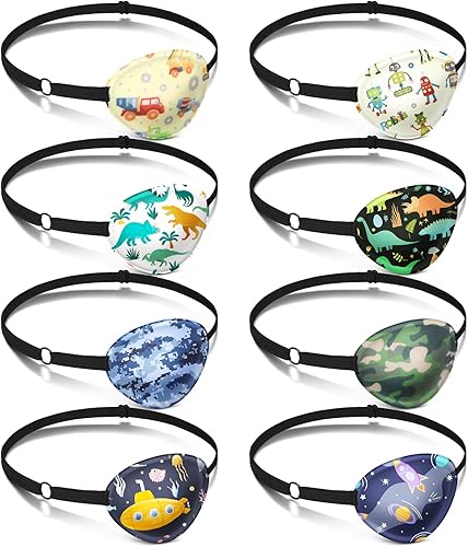 Eurzom 8 parches para ojos para niños, parche ajustable para un solo ojo, reutilizable, lindo parche para niñas y niños con correa elástica para