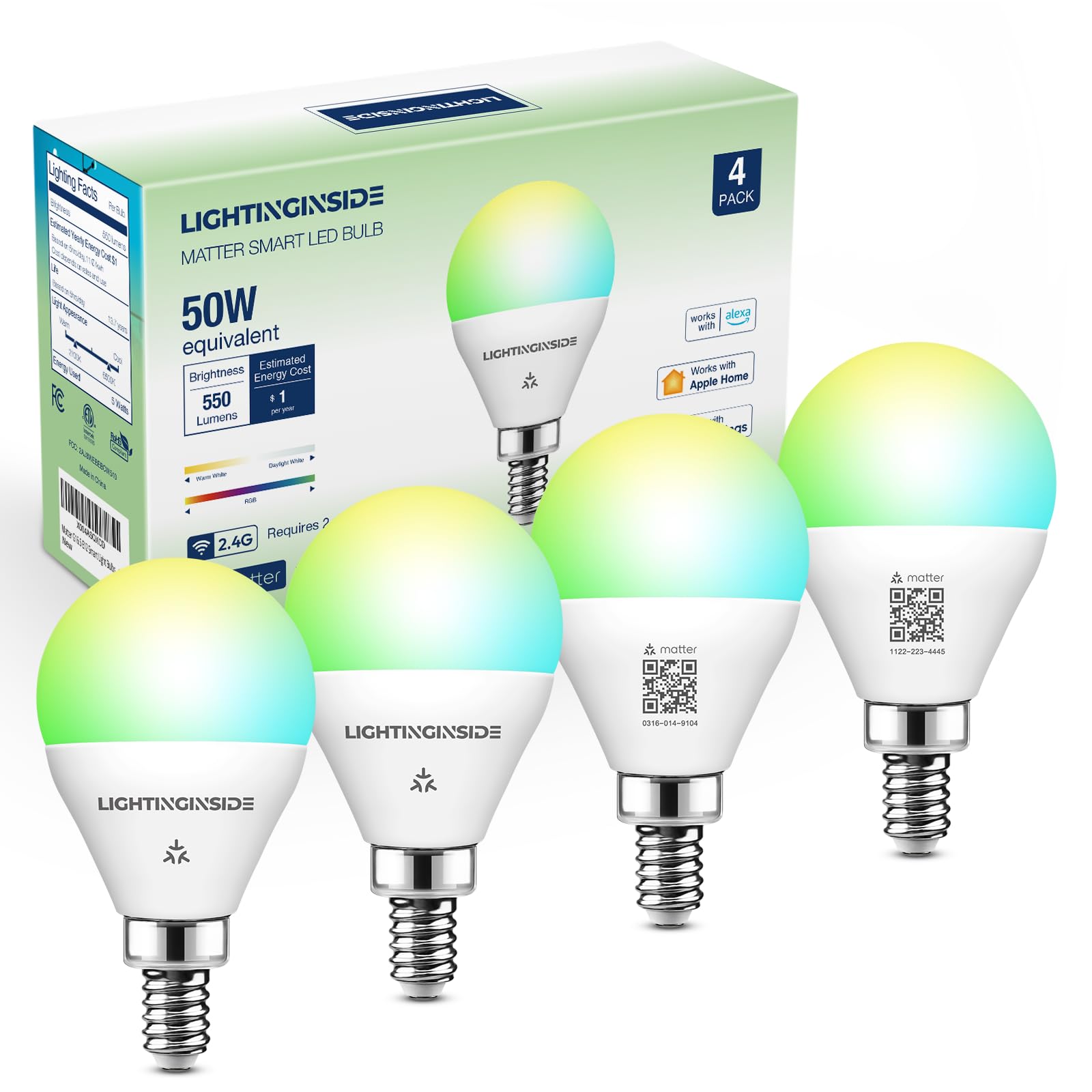 Lightinginside Matter E12 Smart Light Bulbs 50W Equivalent, Compatible with Alexa/Siri/Apple Home/Google Home/SmartThings, RGBCW G16.5 LED Candelabra Bulbs, 2.4G WiFi, ETL Listed, Hub Required, 4PCS
