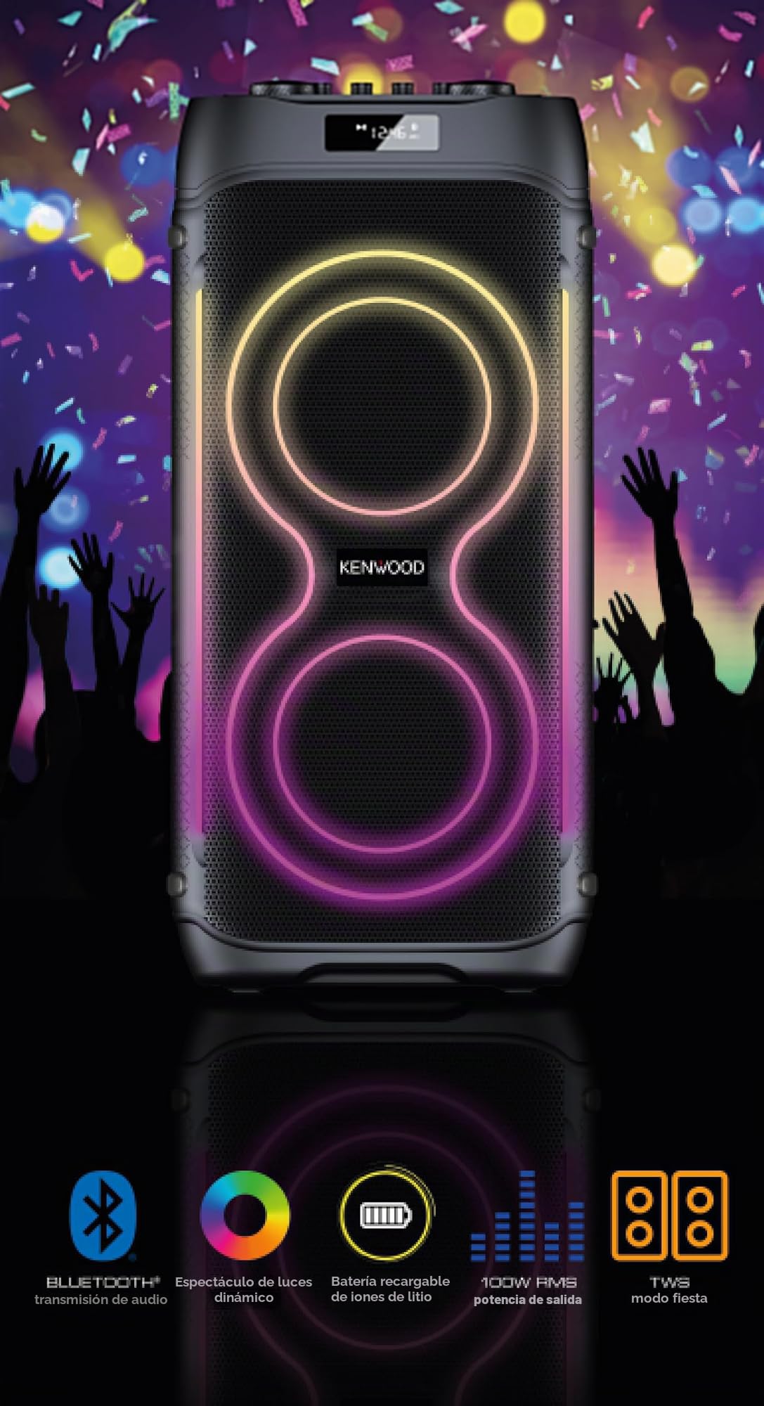 Kenwood AS-P400BT Altavoz Party 100 W RMS, Bluetooth 5.3, DSP, TWS estéreo, USB/TF/AUX, Entrada de micrófono y Guitarra, Luces LED, Controles Bajos/Agudos, batería hasta 8h – Negro