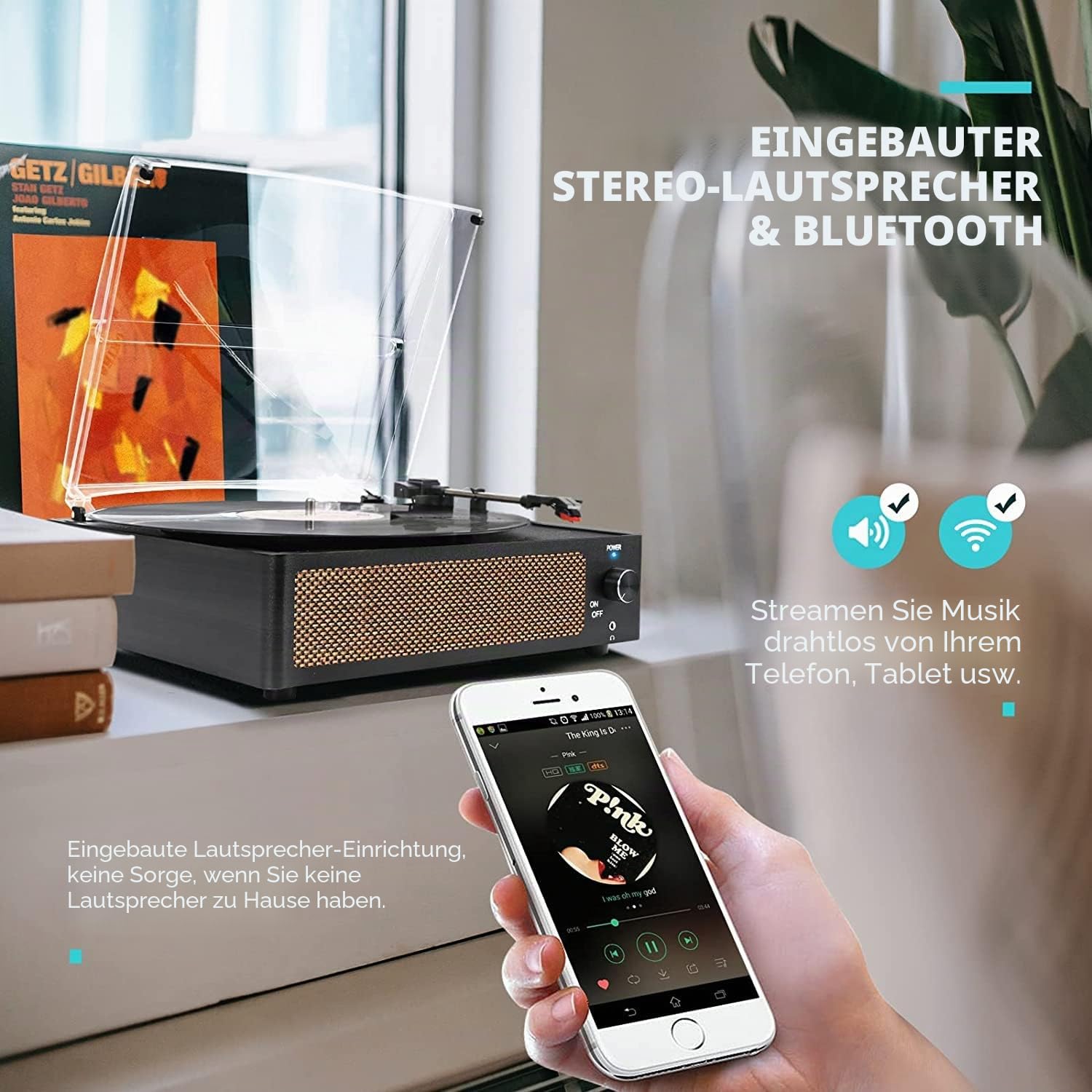 Trynnay Schallplattenspieler mit Lautsprecher Vintage Plattenspieler für Schallplatten, Riemenantrieb Plattenspieler Unterstützung 3-Gang, kabellose Wiedergabe, Kopfhörer, AUX-in, RCA Line LP Vinyl