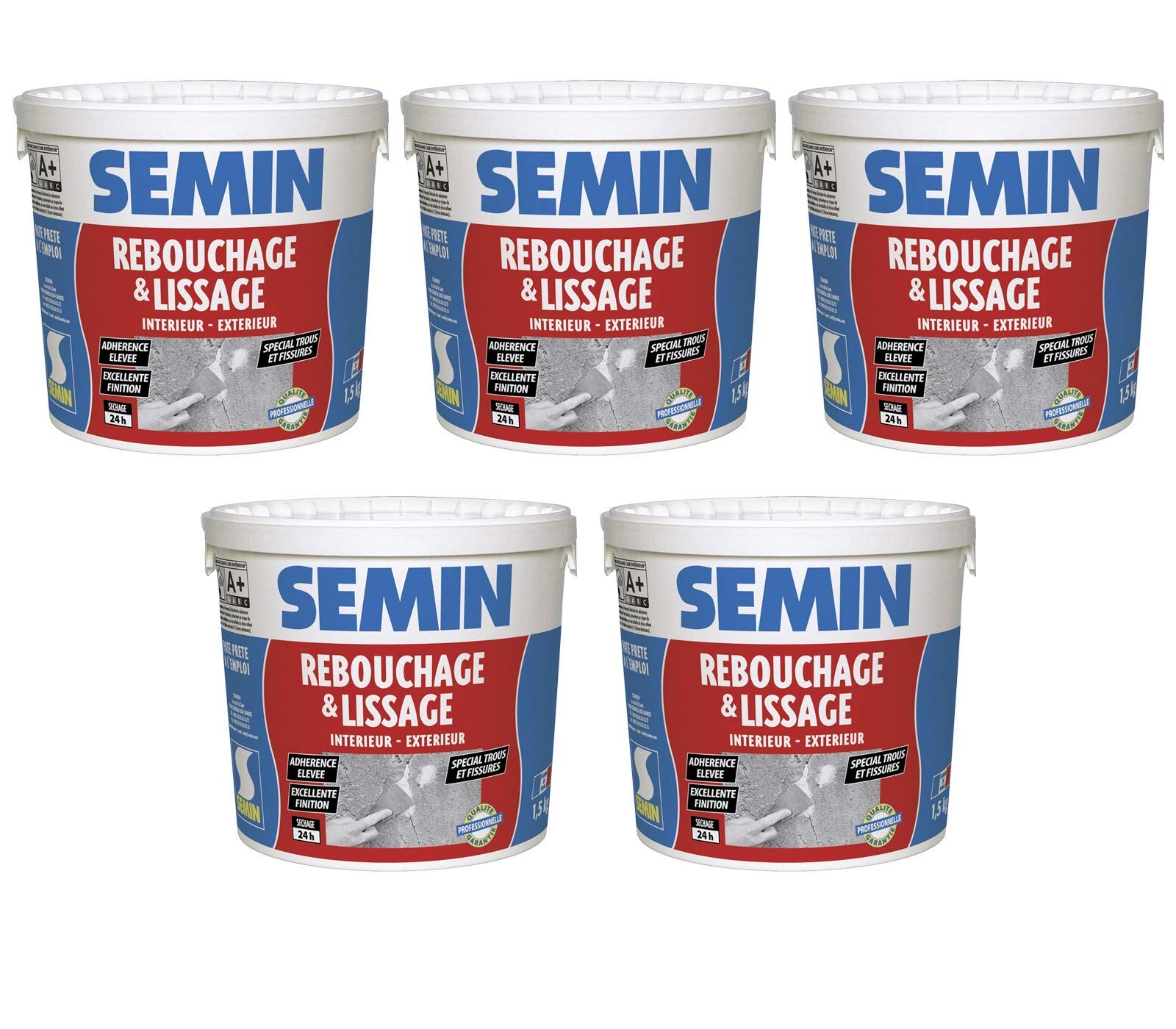 SEMIN Enduit de Rebouchage- 5 X 1,5 kg – Spécial Fissures & Trous de Vis – Intérieur/Extérieur – Prêt à l’Emploi – Haute Adhérence – Finition Lisse – Rebouchage Murs & Plafonds