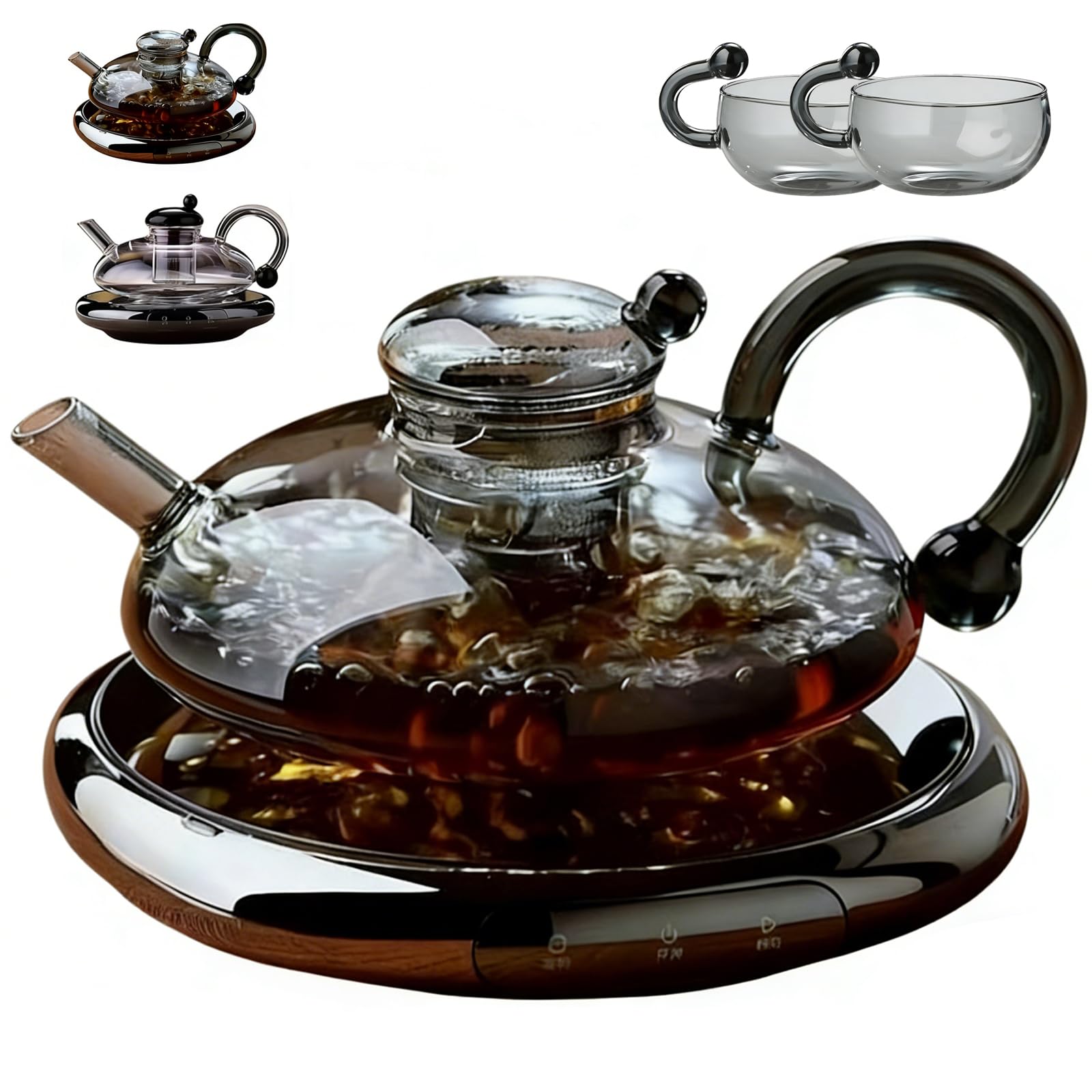 Glas-Teekanne mit Stövchen und Tee-Ei, elektrisches Wasserkocher-Set mit Tassen, perfekt für Teeliebhaber