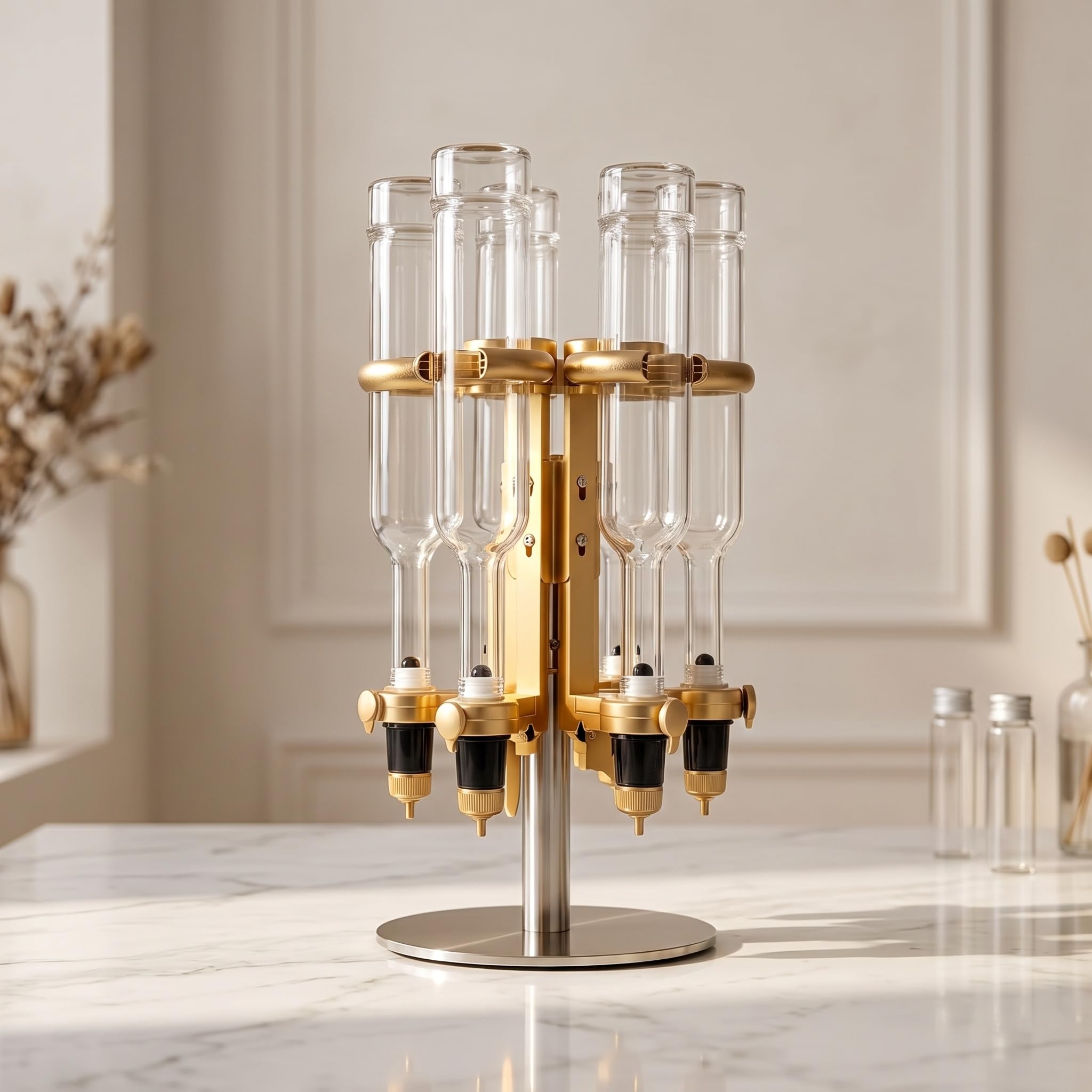 Dispensador Manual De Perfume, Estación De Recarga De Perfume De 6 Cabezales, Bombas Dispensadoras De 375 Ml, con Cabezales De Dosificación De Precisión, Soporte Metálico Giratorio De 360°