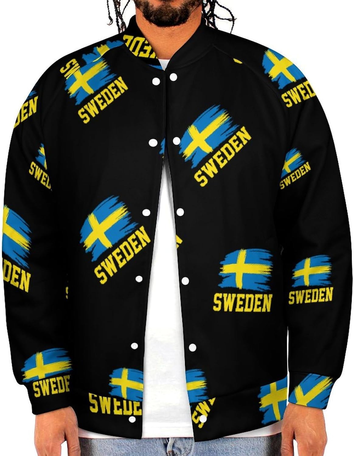 Sweden Flag Novelty Men's Baseball Jackets Causal Sweatshirt Button Top Long Sleeve Coat