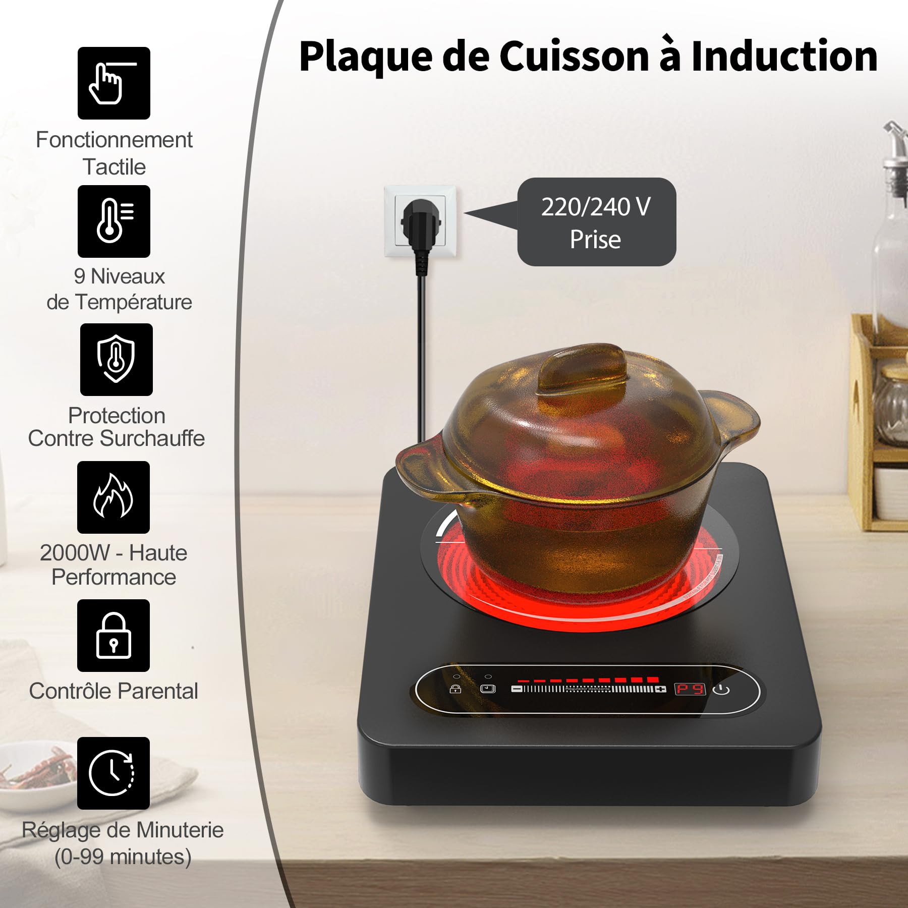 VBGK Plaque Vitrocéramique 1 Feu, 220V 2000W Plaques de Cuisson, Plaques Électrique avec Commande Tactile Led, 9 Niveaux de Puissance, Minuterie, Verrouillage de SéCurité, Geeignet für Alle Töpfe