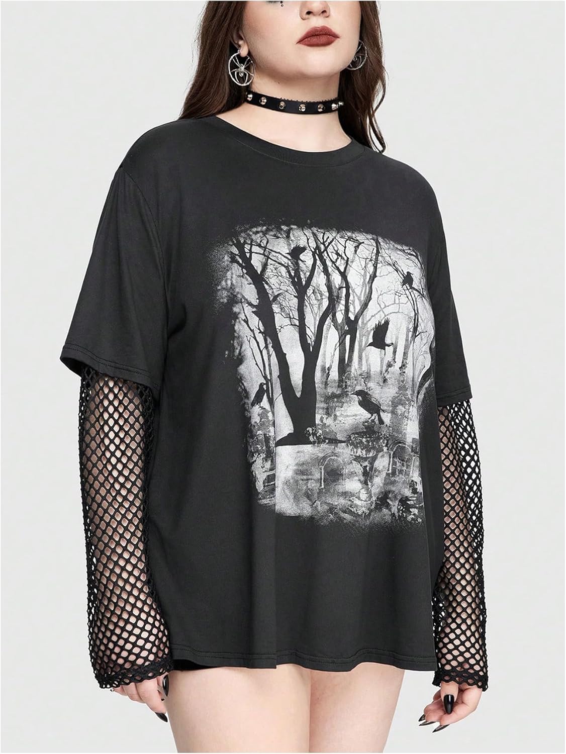 SHENHE Women's Plus Size Graphic T Shirts Long Sleeve Scoop Neck Gothic Oversized Tee Top - Image 4