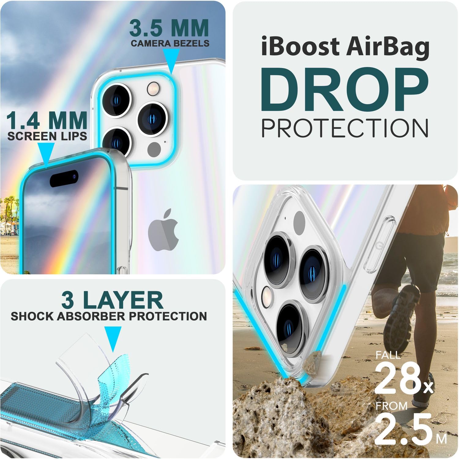 NALIA Custodia Trasparente in Vetro per iPhone 15 Pro Max - Effetto Prisma Olografico (Riflesso Arcobaleno) - Vetro Temperato 9H - AURORA - Marchio Tedesco