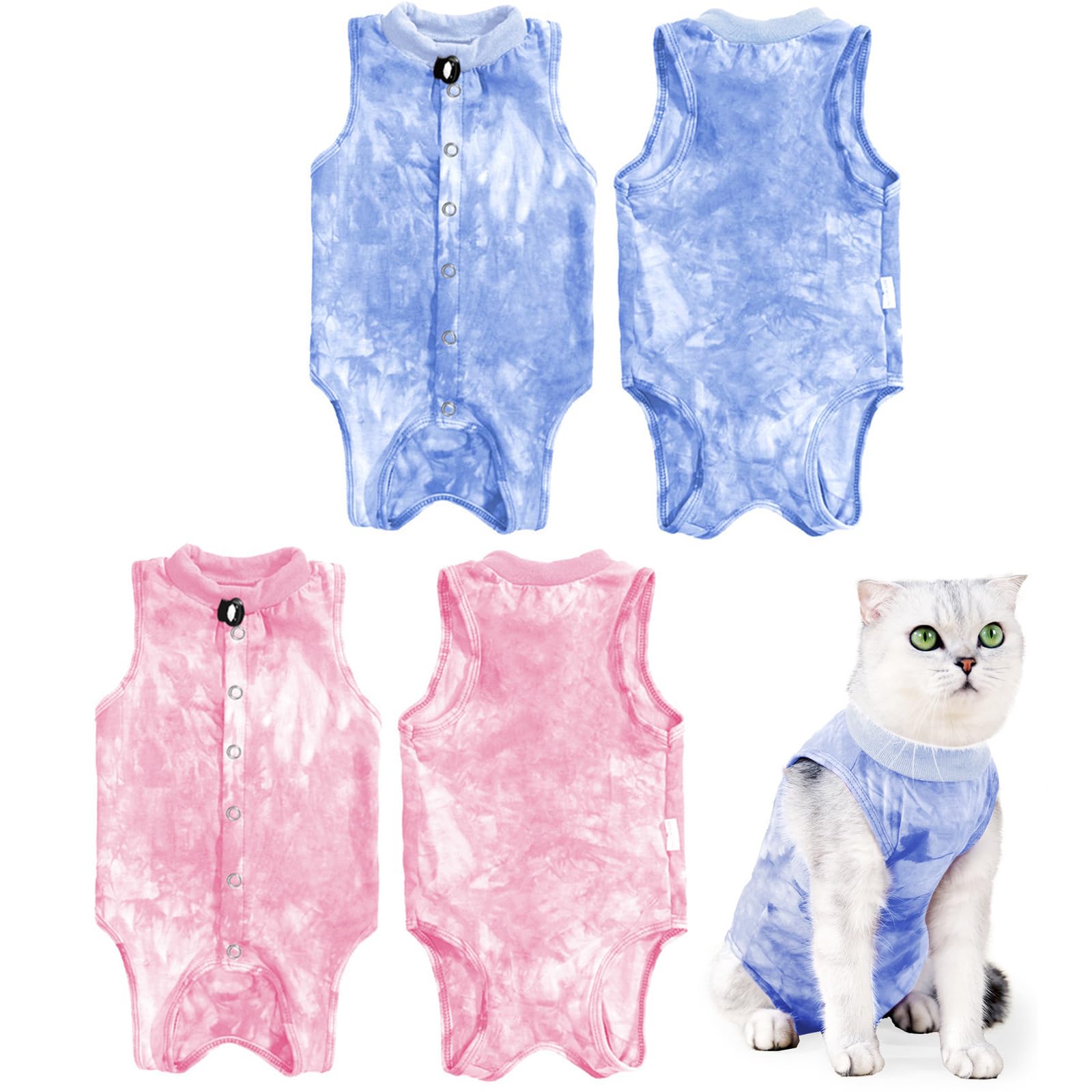 Larfraecy 2 Pack Cat Recovery Suit for Female Cats, Breathable Cat Onesie Post Surgery Anti-Licking Abdominal Wounds Skin Diseases Pink & Blue for Small Kittens