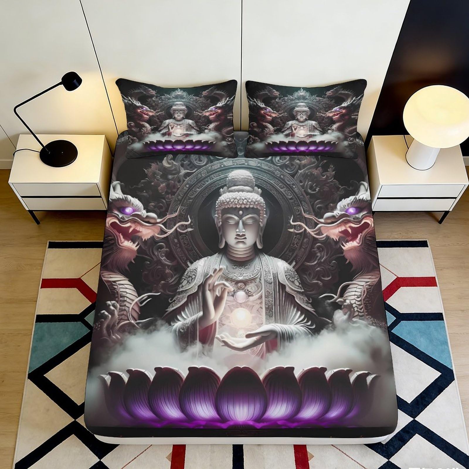 Zfldkwgb Style-6 3D Printed Buddha Lotus Fitted Sheet Microfiber Artistic Dragon Bed Cover For Bedroom Guest Room Decor Easy Care 90X200x25cm