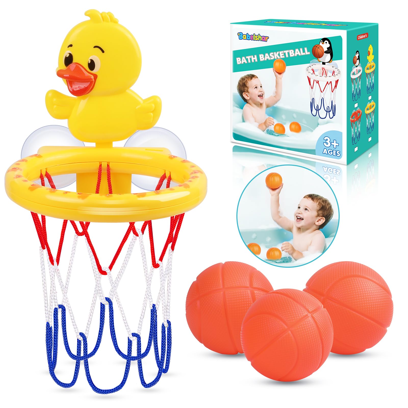 Bath Toys, Bathtub Basketball Hoop for Toddler Kids, 3 Soft No Hole Balls & Bath Basketball Hoop with Strong Suction Cup, Yellow Duck Baby Shower Bath