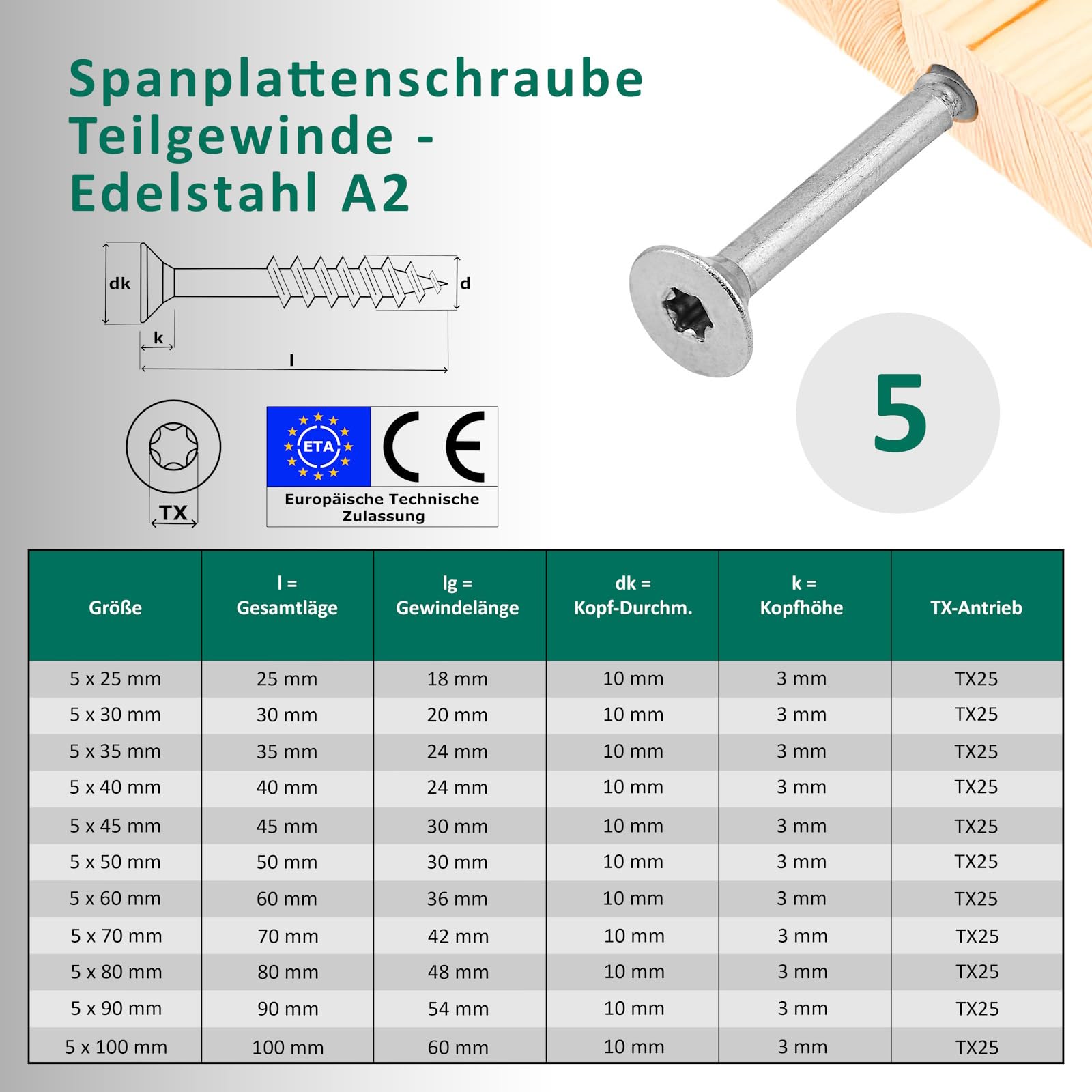 DSM – Tornillos para aglomerado de 5 x 80 mm – Acero inoxidable A2/V2A – con cabeza avellanada y tracción TX – Aprobado por ETA – Tornillos para madera con rosca parcial – Tornillo para madera