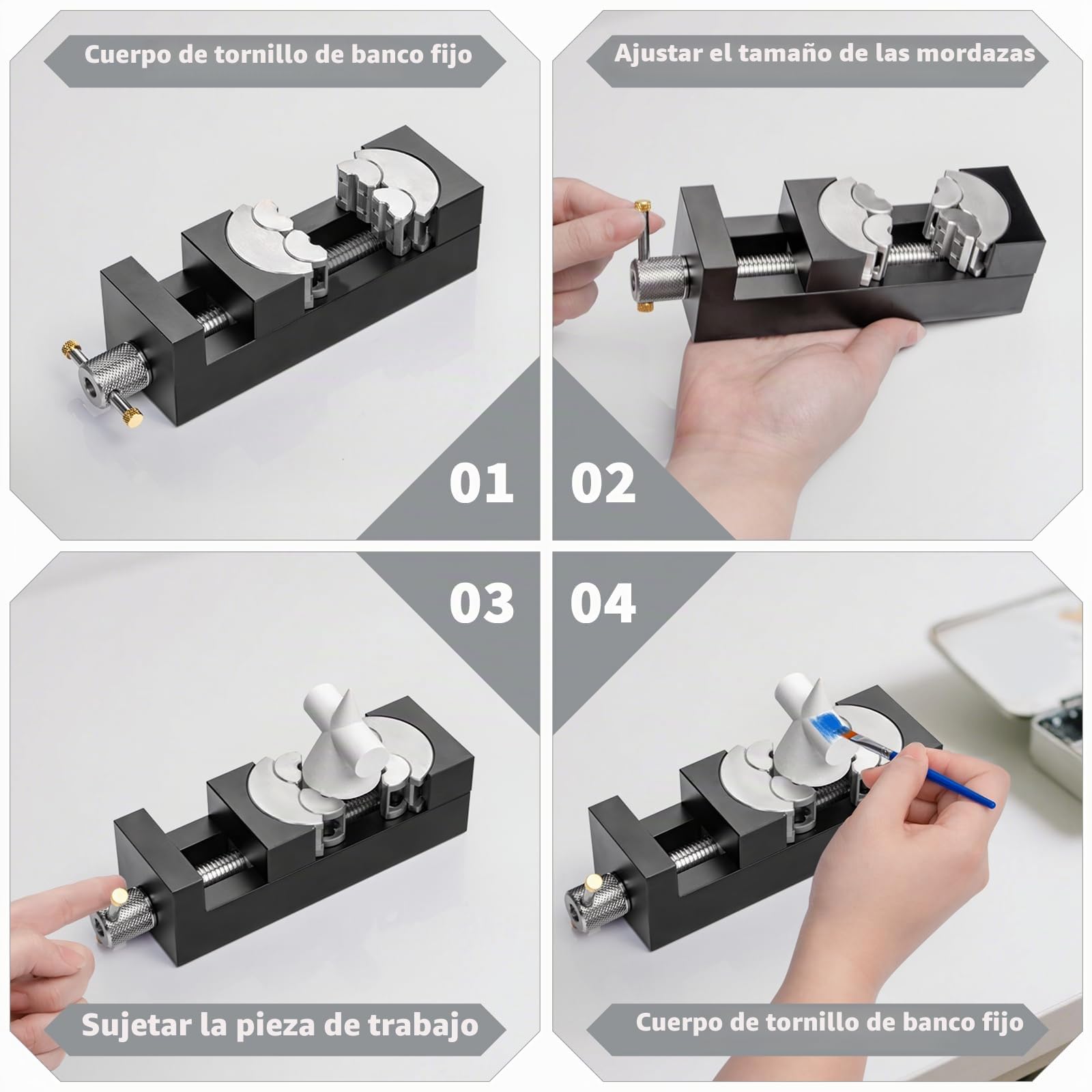 WhiteRhino Tornillo fractal inteligente – mini-tornillo de banco autoajustable con 6 mandíbulas independientes para formas irregulares – tornillo de taladro para bricolaje, joyería & reparaciones
