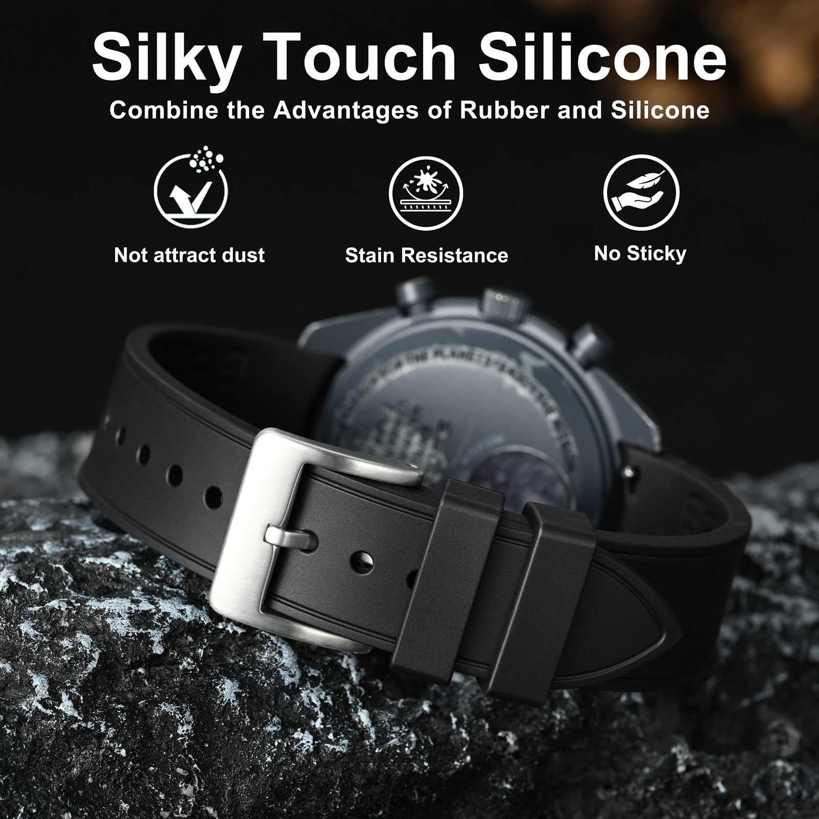 WOCCI 22mm Watch Band, Curved End, Silky Touch Silicone, Silver Buckle (Black)