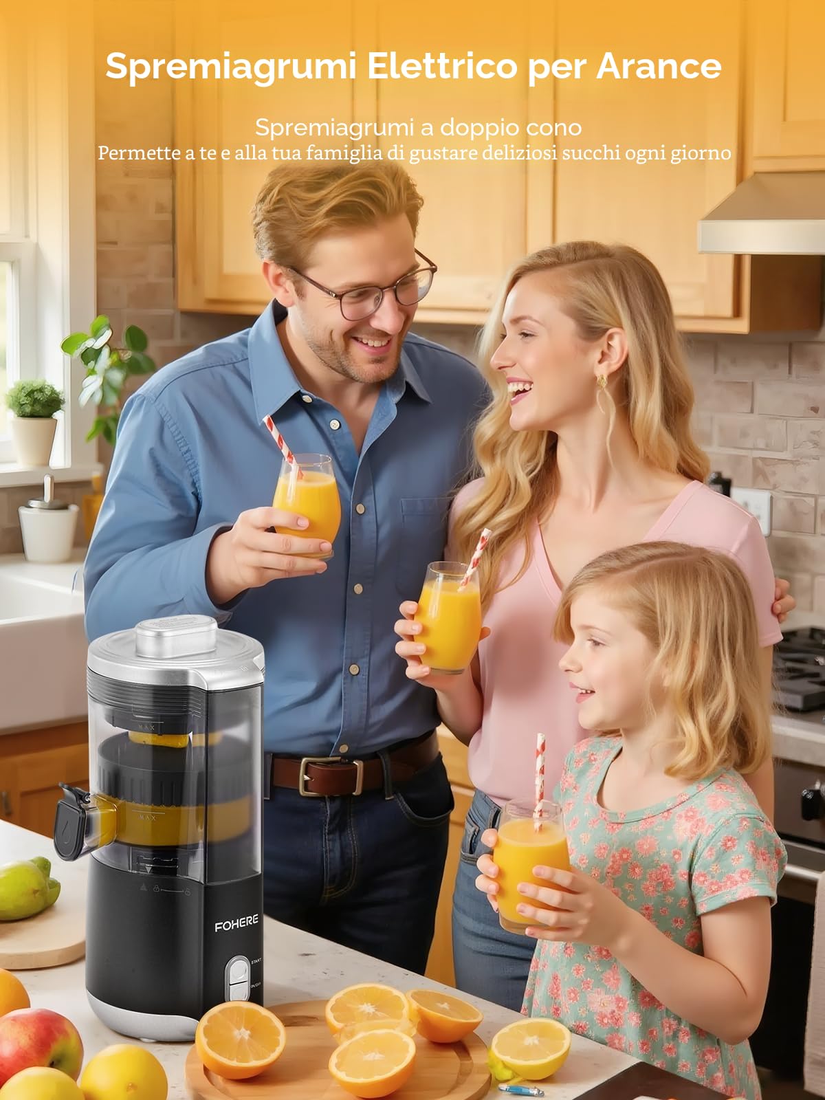 FOHERE Spremiagrumi Elettrico Automatico,100W Spremiagrumi Professionale Estrattore Frutta e Verdura con Beccuccio Antigoccia, 2 Coni Intercambiabili per Limone, Arancia, Uva e Kiwi, Nero