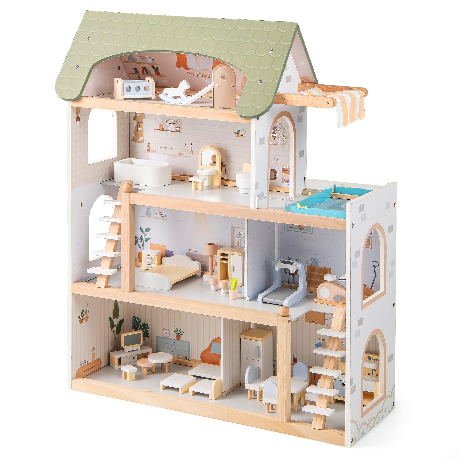 COSTWAY Wooden Dollhouse, Large 4-Storey Kids Playhouse with 33PCS Furniture Accessories, Pretend Dolls House Playset for 3+ Years Old (Multicolor)