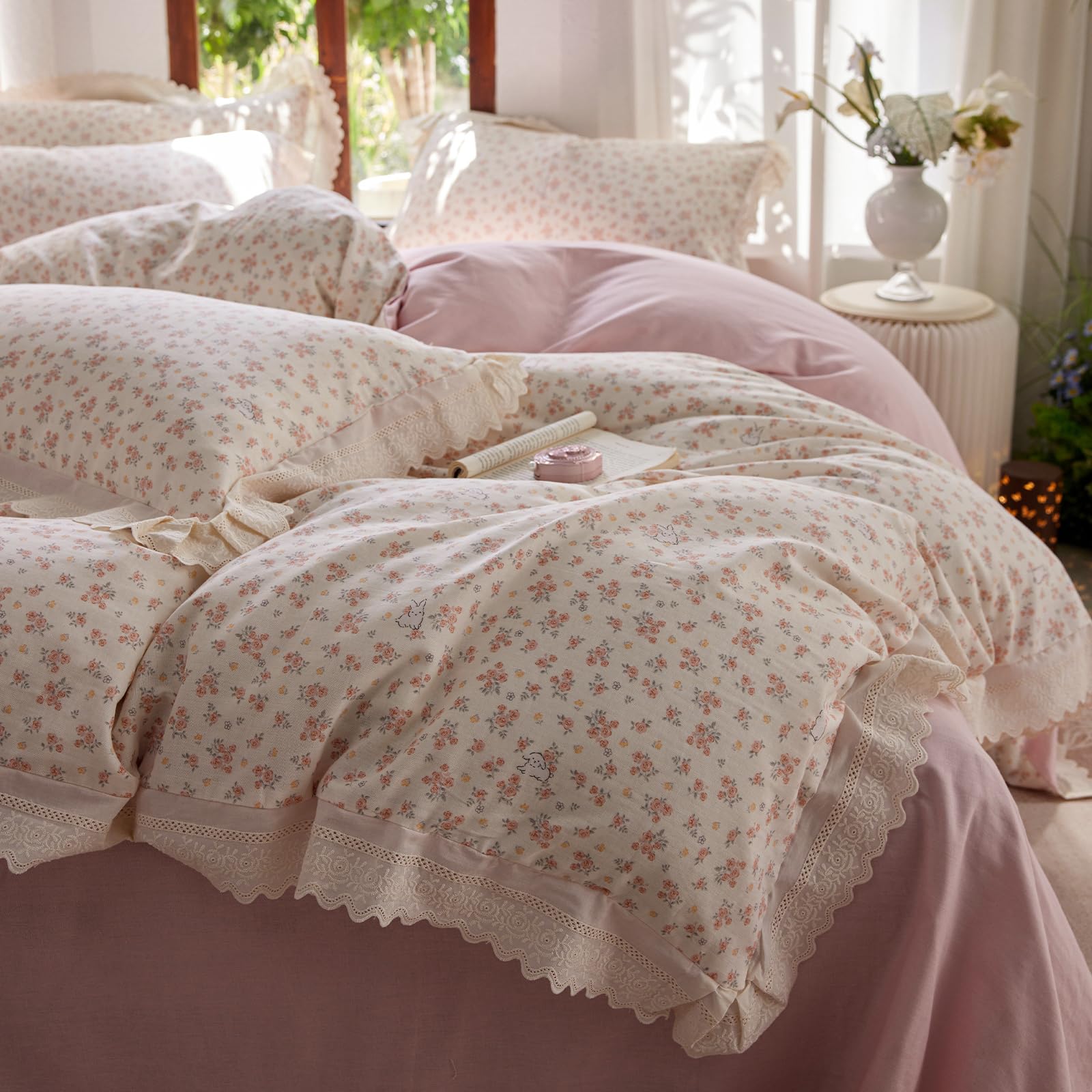 LifeTB Muslin Duvet Cover King Size, Botanical Floral Duvet Cover with Romantic Ruffle Lace, Breathable Soft Gauze Comforter Cover with 2 Pillowcases Pink Flower Rabbit Cottagecore Bedding Set — image 1