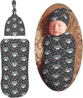 Cartoon Raccoon Newborn Swaddle Blankets Hat Sets Soft Baby Receiving Blanket Swaddle Sack for Baby Shower Infant Boy Girl Gift