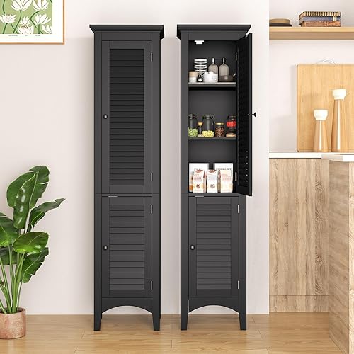 Miniatura 8 de Tangkula Armario de almacenamiento de baño de 63 pulgadas de alto, torre de lino estrecha independiente con estante ajustable, gabinete moderno y