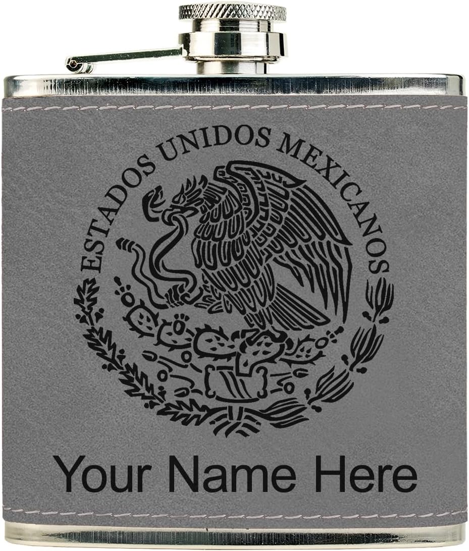 Faux Leather Flask, Flag of Mexico, Personalized Engraving Included (Rustic)