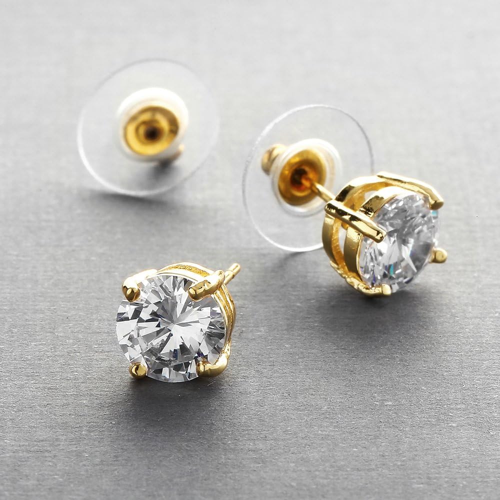 Mariell Cubic Zirconia Crystal Gold Stud Earrings, 2 Carat Round CZ Solitaire, Imitation Diamond Earrings - Image 6