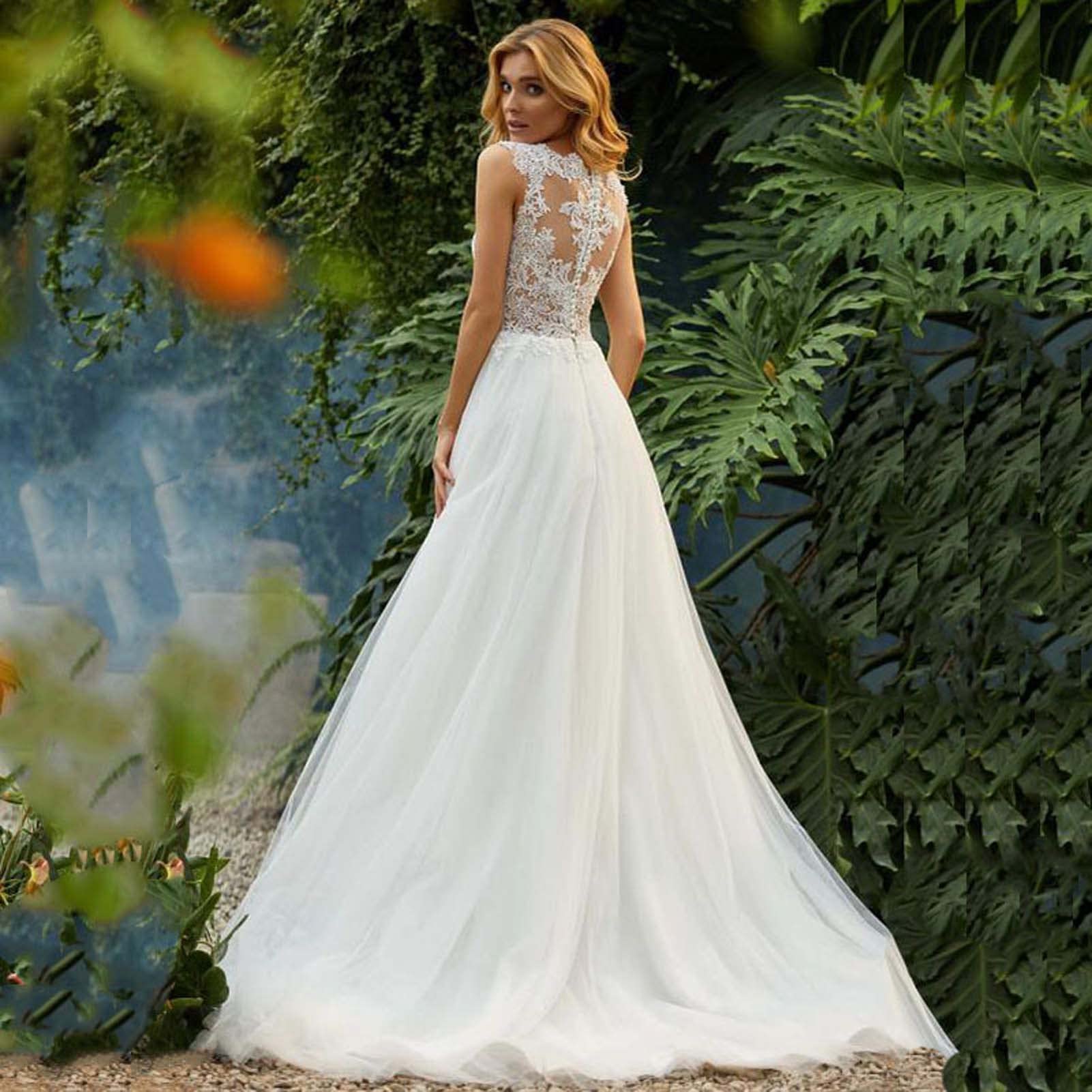 Abito da Sposa per Le Donne Scollo a V in Pizzo Senza Maniche Abito da Sposa, Bianco, 18 Large Sizes