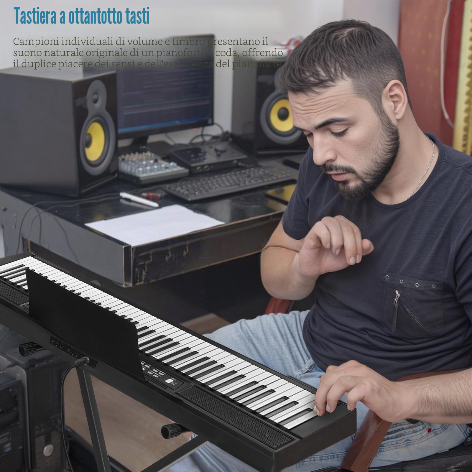 Pianoforte elettrico 88 tasti, tastiera digitale con tasti semi-pesati, tastiera con pedale di Sustain, alimentazione, supporto, custodia di trasporto e casco (nero)