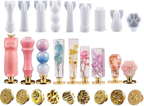 Xidmold 9 moldes de mango de sellado de cera con 9 sellos de cera, moldes de mango de silicona para resina epoxi, molde de fundición de resina para