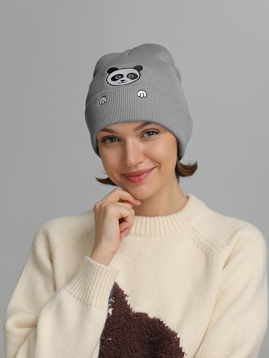 Panda Gifts Embroidered Beanie Hat for Men Women Panda Lovers Cute Animal Birthday Christmas Stocking Stuffers Gifts Stuff Grey