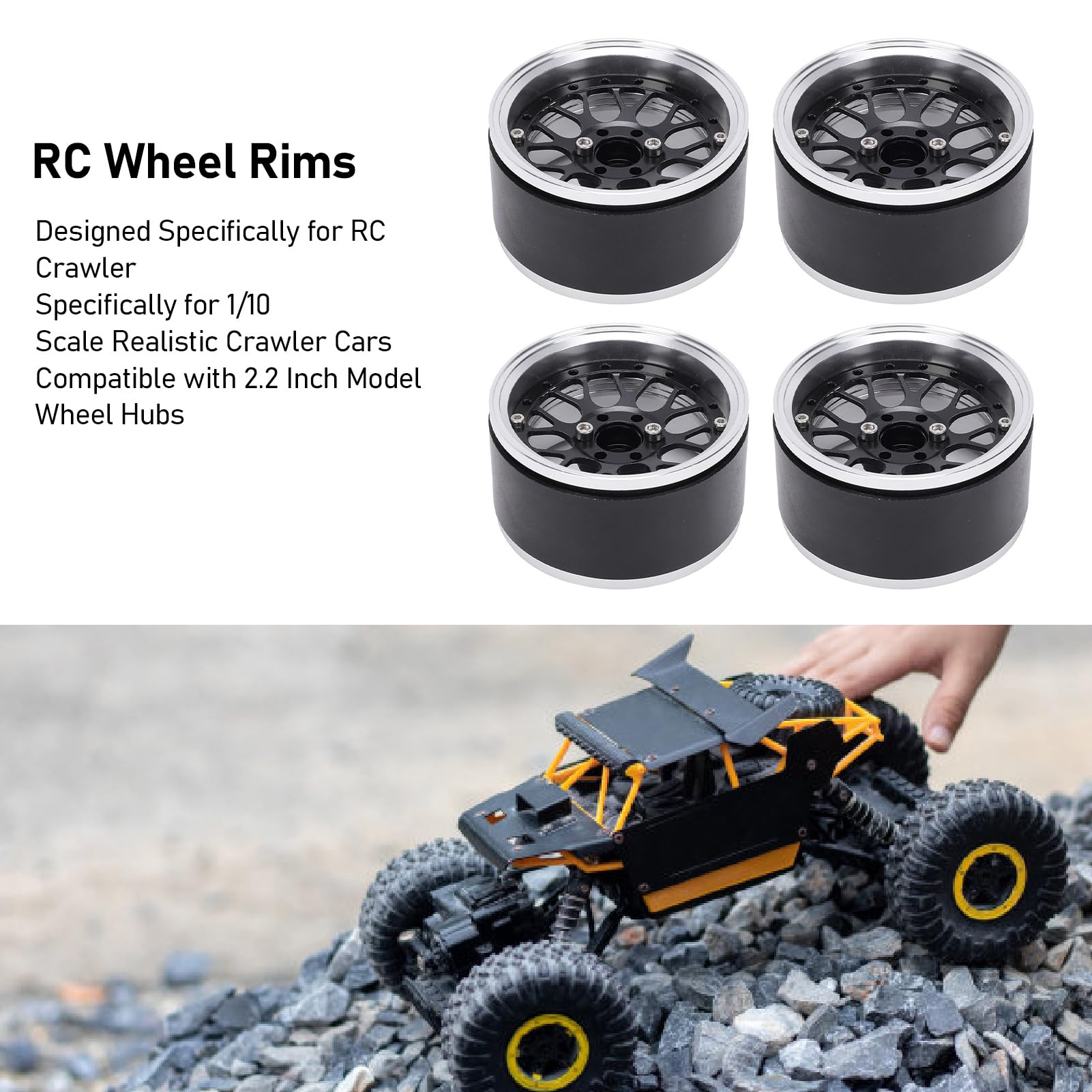Naroote 4 szt. 2,2-calowe Felgi do Zdalnie Sterowanego Samochodu Felgi ze Stopu Aluminium Gąsienica RC do Modelu 10RC Twardo Anodowane Dobre Odprowadzanie Ciepła (BLACK)