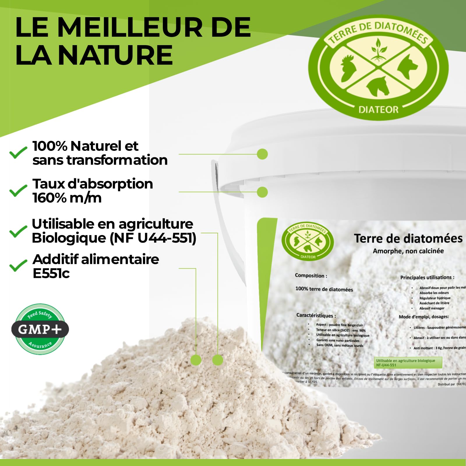 TERRE DE DIATOMEES DIATEOR - Seau de 5Kg de Terre de Diatomée Grade Alimentaire - 100% Naturelle, Non Calcinée - Poudre Blanche Extra Fine - Fabriquée en France